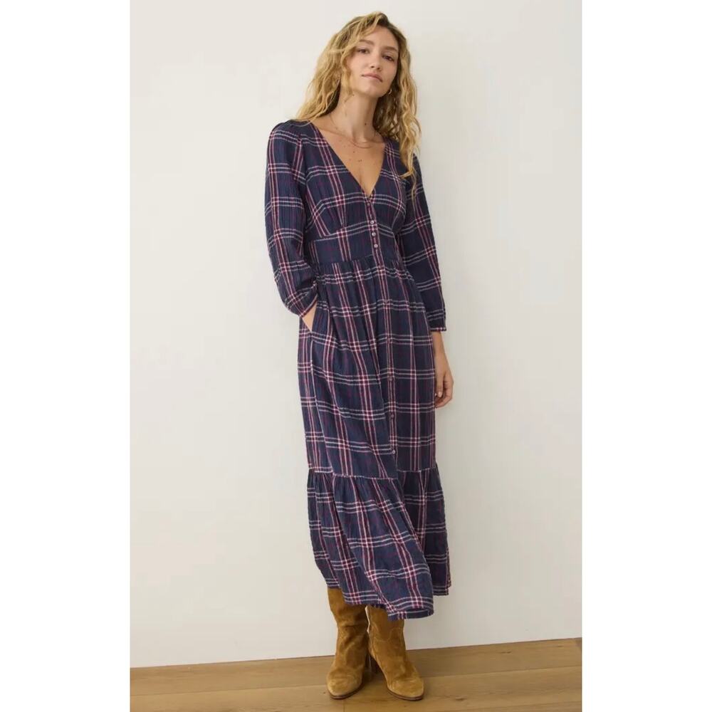 Marine Layer Maeve Purple Plaid Button Trad Dress Women's Size Medium
